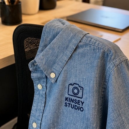Custom chambray shirt on a desk chair