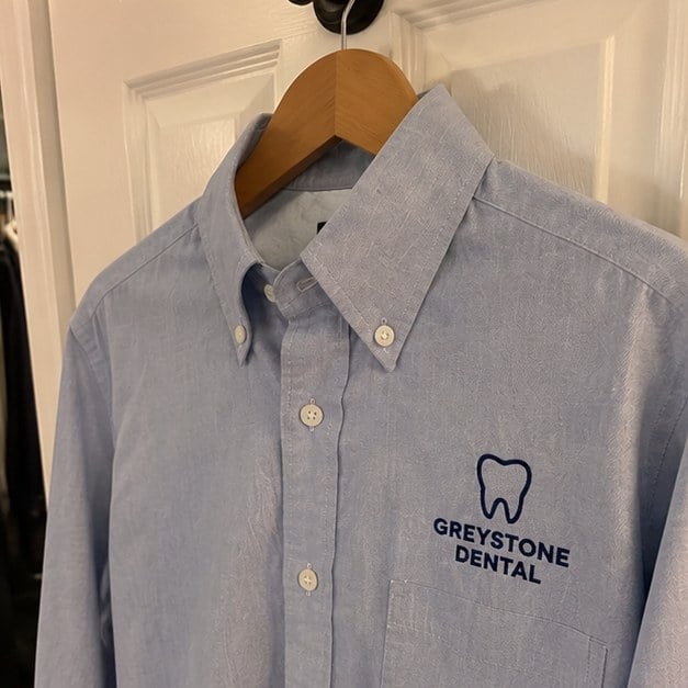 Customer photo of a custom dress shirt on a hanger