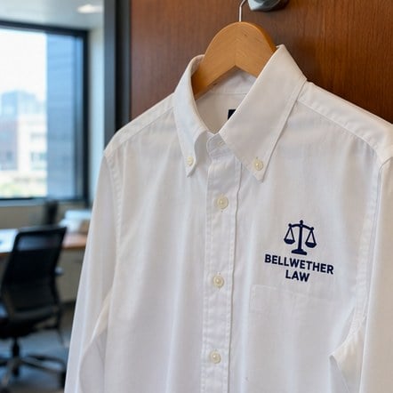 Custom dress shirt on a hanger on an office door